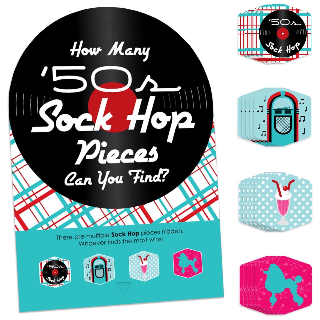 Big Dot of Happiness 50’s Sock Hop - 1950s Rock N Roll Party Scavenger Hunt - 1 Stand and 48 Game Pieces - Hide and Find Game